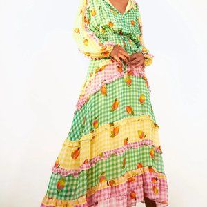 Farm Rio Mixed Picnic Long Ruffle-Trim Dress Tropical Dopamine Dressing